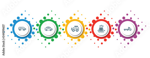 editable thin line icons with infographic template. infographic for transportation concept. included people carrier, automobile, all terrain, icebreaker ship, flatbed lorry icons.