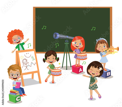 happy kids playing instruments and singing in class