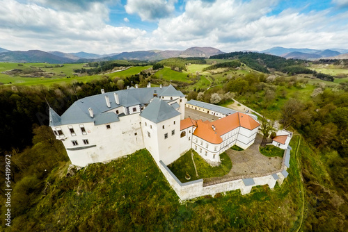 Lupca castle from above. Aerial shot of Castle near Banská Bystrica in Slovenská Ľupča, Slovakia.