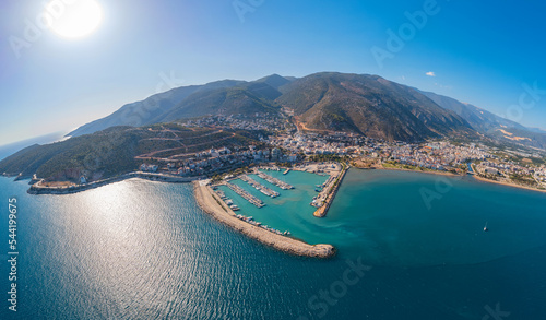 Aerial top View marina in Finike of Antalya Turkey. Landscape summer time photo