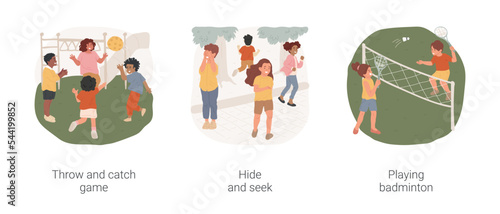 School recess games isolated cartoon vector illustration set. Throw and catch game, hide and seek, playing badminton, playground activity, school break outdoors, having fun vector cartoon.