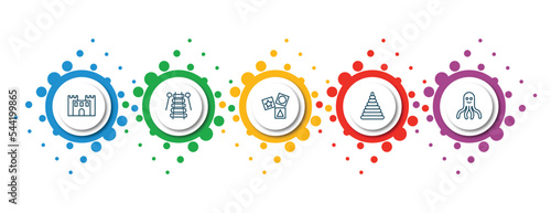 editable thin line icons with infographic template. infographic for toys concept. included bouncy castle toy, xylophone toy, cubes toy, circle octopus icons.