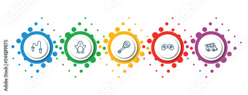editable thin line icons with infographic template. infographic for toys concept. included skipping rope toy, penguin toy, rattle toy, gamepad fire truck icons.