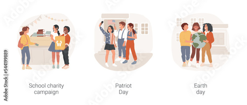 School awareness days isolated cartoon vector illustration set. School charity campaign, Patriot Day, making Earth day project, kids with donations box, national colors vector cartoon.