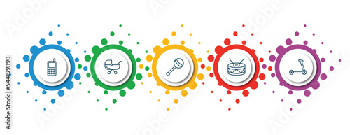 editable thin line icons with infographic template. infographic for toys concept. included phone toy, pram toy, toy drum scooter icons.
