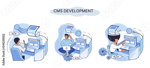 Digital content management system, CMS development software metaphor. Information system or computer program enable organize collaborative process of creating, editing and managing soft in network
