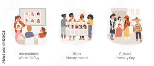 School awareness campaigns isolated cartoon vector illustration set. International Womens Day, black history month, cultural diversity day, international week of tolerance vector cartoon.