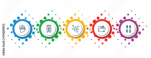 editable thin line icons with infographic template. infographic for technology concept. included binary mind, office printer, conection, file storage, battery status icons.