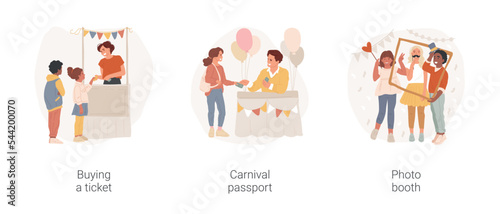 School fair isolated cartoon vector illustration set. Buying a ticket, carnival passport, photo booth, entertainment festival activity zone, summer celebration, cardboard frame vector cartoon.