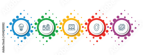 editable thin line icons with infographic template. infographic for technology concept. included led lamp, camera front view, laptop with a heart, zero, computer microprocessor icons.