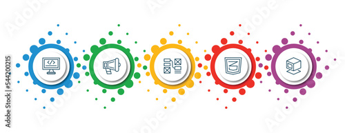 editable thin line icons with infographic template. infographic for technology concept. included self-closing tag, call to action, wireframe, css3, virtual box icons.