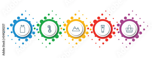editable thin line icons with infographic template. infographic for summer concept. included sleeveless, summer temperature, mountains, sun cream, beach bag icons.