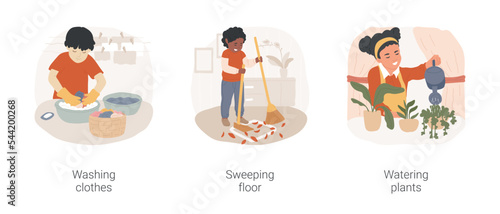 Montessori practical life skills isolated cartoon vector illustration set. Washing clothes, sweeping floor, watering plants, montessori preschool, care of environment activity vector cartoon.