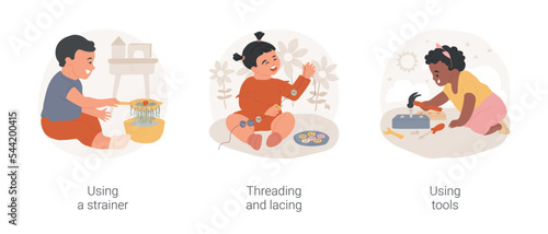 Montessori preschool motor development isolated cartoon vector illustration set. Using a strainer, threading and lacing, using tools, practical life learning, toy tool set vector cartoon.