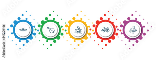 editable thin line icons with infographic template. infographic for sports concept. included boxer with belt, ball arrow, man in canoe, racing bike, marathon champion icons.