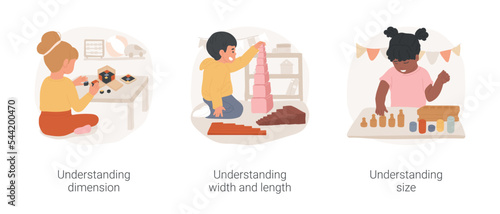 Visual discrimination Montessori lesson isolated cartoon vector illustration set. Understanding dimension, width, length and size, montessori preschool, visual sense exercise vector cartoon.