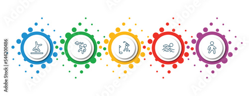 editable thin line icons with infographic template. infographic for sports concept. included cartwheel, man losing hat, golf player, swimming man, pedestrian walking icons.