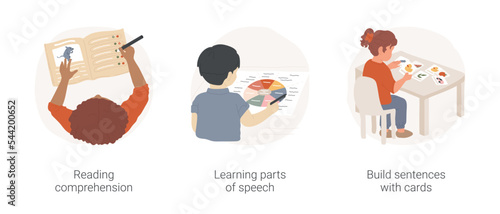English proficiency and literacy at elementary school isolated cartoon vector illustration set. Reading comprehension, learning parts of speech, build sentences with cards vector cartoon.