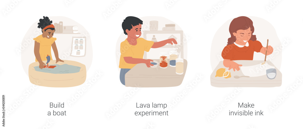 Science project and STEM activity isolated cartoon vector illustration set. Build toy boat, lava lamp experiment, make invisible ink, early education STEM project, science for kids vector cartoon. Science project and STEM activity isolated cartoon vector illustration set. Build toy boat, lava lamp experiment, make invisible ink, early education STEM project, science for kids vector cartoon.