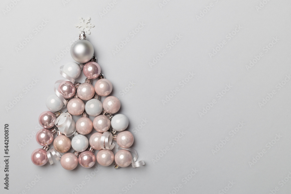 Christmas tree made of bauble decoration, top view Christmas tree made of bauble decoration, top view