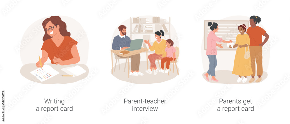 Student assessment in elementary school isolated cartoon vector illustration set. Teacher writing student assessment document, parent-teacher interview, parents get a report card vector cartoon. Student assessment in elementary school isolated cartoon vector illustration set. Teacher writing student assessment document, parent-teacher interview, parents get a report card vector cartoon.