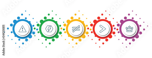 editable thin line icons with infographic template. infographic for signs concept. included alert, electric current, is not equal to, is greater than, square hotel icons.