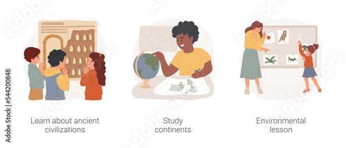Social studies at elementary school isolated cartoon vector illustration set. Learn about ancient civilization, study continent, environmental lesson plan, primary school curriculum vector cartoon.