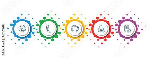 editable thin line icons with infographic template. infographic for security concept. included hash, leg protector, lifesaving, blocked padlock, secure database icons.