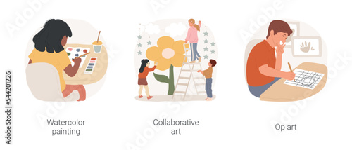 Art projects for school children isolated cartoon vector illustration set. Watercolor painting class, collaborative design project, hands-on creative activity, op art lesson plan vector cartoon.