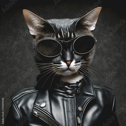 Photo Portrait of a macho cat wearing a black leather jacket and stylish black sunglasses