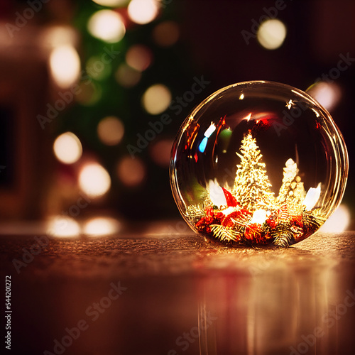 Fototapete Christmas scene inside a small glass orb sitting on a mantel with a bright coloured Christmas tree in the background