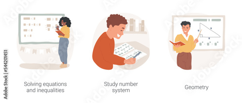 Mathematics in middle school isolated cartoon vector illustration set. Math middle school curriculum, solving equations and inequalities, study number system, geometry lesson vector cartoon.