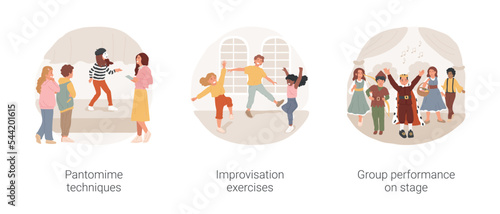 Theater arts electives isolated cartoon vector illustration set. Learn pantomime techniques, acting class, improvisation exercises, group performance on theatre stage, children play vector cartoon. photo