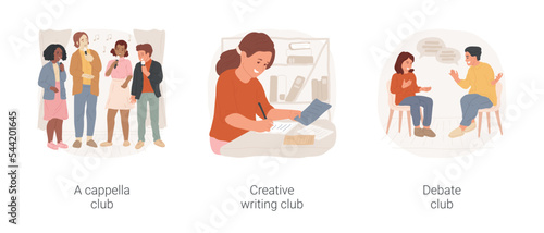 Middle school clubs isolated cartoon vector illustration set. A cappella singing, creative writing workshop, debate student club, public speech on topic, middle school student vector cartoon.