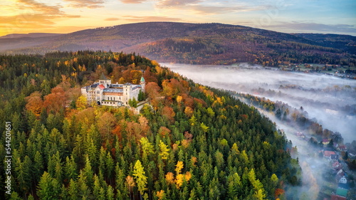 Fototapeta Naklejka Na Ścianę i Meble -  aerial view of the morning autumn mountains near Polanica-Zdrój, Poland