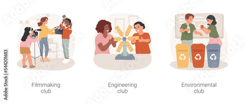 Elective activities and clubs isolated cartoon vector illustration set. Filmmaking workshop, teenager using camera, engineering club, building prototype, environmental lesson, vector cartoon.
