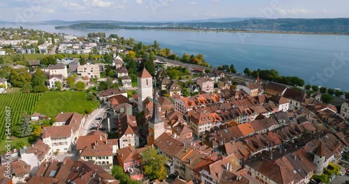 Aerial view of the town of La Neuveville on the shores of Lake Biel, Switzerland