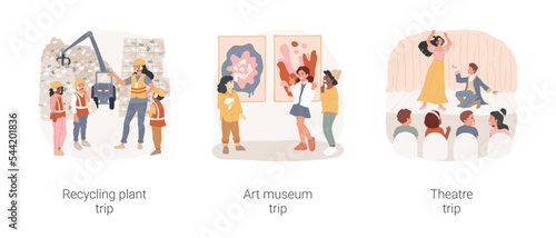 Middle school field trips isolated cartoon vector illustration set. Young teenagers visit recycling plant, art museum field trip, middle school class watching to theatre play vector cartoon.