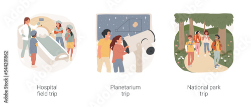 Middle and high school trips isolated cartoon vector illustration set. Hospital field trip, learn medical equipment, planetarium group visit, travel to national park, school tour vector cartoon.