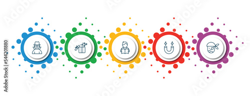 editable thin line icons with infographic template. infographic for people concept. included gangsters, open present box, student books, electromagnet, pirate head icons.