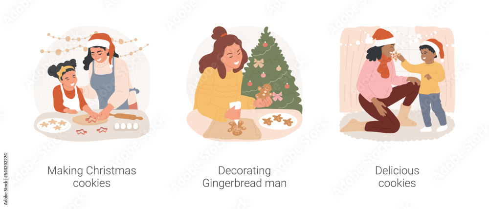 Fototapeta premium Christmas baking tradition isolated cartoon vector illustration set. Make Christmas cookies, decorate Gingerbread man, kid feeding mom with delicious pastry, family baking together vector cartoon.