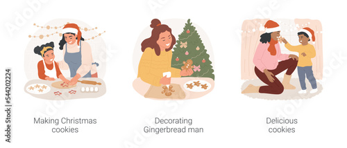 Christmas baking tradition isolated cartoon vector illustration set. Make Christmas cookies, decorate Gingerbread man, kid feeding mom with delicious pastry, family baking together vector cartoon.