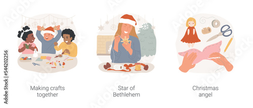 Christmas crafts isolated cartoon vector illustration set. Happy kids making xmas crafts together, woman create Bethlehem star for xmas tree, diy Christmas angel, creative activity vector cartoon.