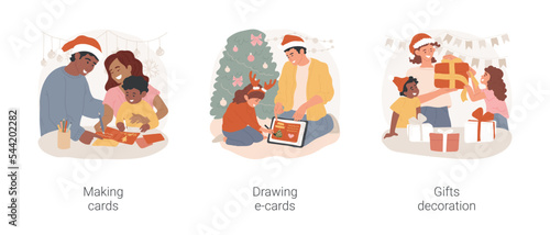 Christmas cards and presents isolated cartoon vector illustration set. Happy family make Christmas cards together, girl drawing e-card on tablet, creative handmade gifts decoration vector cartoon.