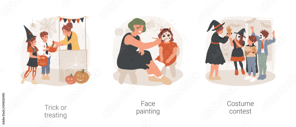 Halloween activities isolated cartoon vector illustration set. Trick-or-Treat bag, shopping mall candy station, Halloween tradition, face painting artist, children in costumes vector cartoon. Halloween activities isolated cartoon vector illustration set. Trick-or-Treat bag, shopping mall candy station, Halloween tradition, face painting artist, children in costumes vector cartoon.