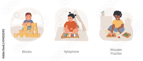 Toddler developmental games isolated cartoon vector illustration set. Child builds tower from colorful blocks, girl playing toy xylophone, mental development, toddler solve puzzle vector cartoon.