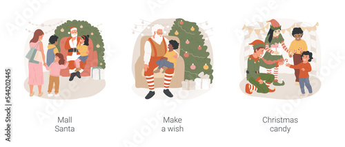 Christmas time shopping isolated cartoon vector illustration set. Mall Santa, shopping mall Christmas activity, kid sitting on Santas lap, make wish, elves give Christmas candy vector cartoon.