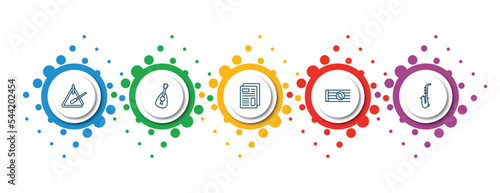 editable thin line icons with infographic template. infographic for music and media concept. included music triangle, mandolin, newspaper report, whole, saxophone icons.