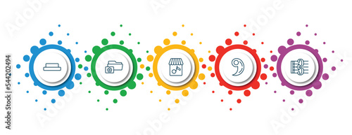 editable thin line icons with infographic template. infographic for music and media concept. included half rest, image archive, music store, breath mark, alto clef icons.