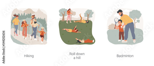 Staying active outdoors isolated cartoon vector illustration set. Group of people hiking together, family members roll down a hill for fun, father playing badminton with kid vector cartoon.